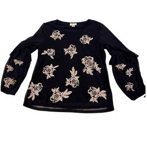 Style & Co Black Embroidered Sheer Long Sleeve Blouse | Size M